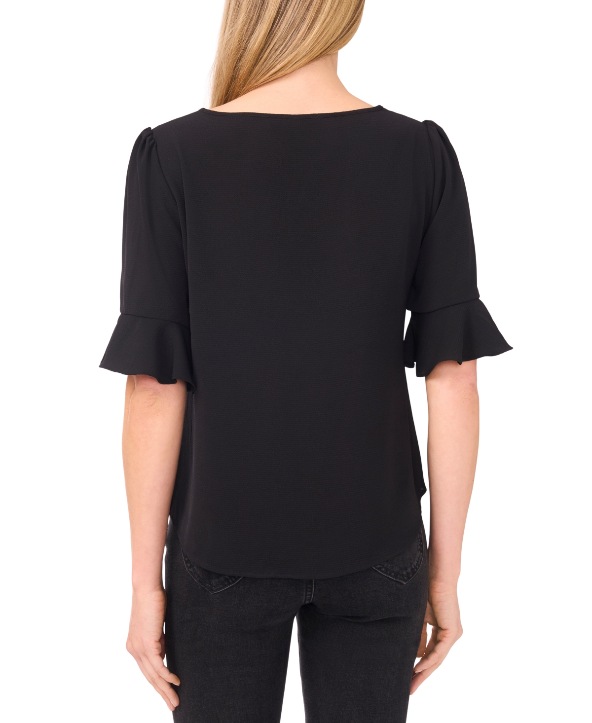Cece Women's Split Tie Neck Ruffle Cuff 3/4-sleeve Top In Black