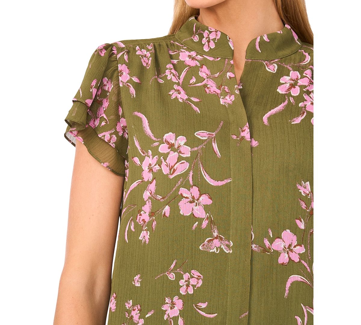 Cece Women's Double Flutter Short Sleeve Hidden Placket Top In Green