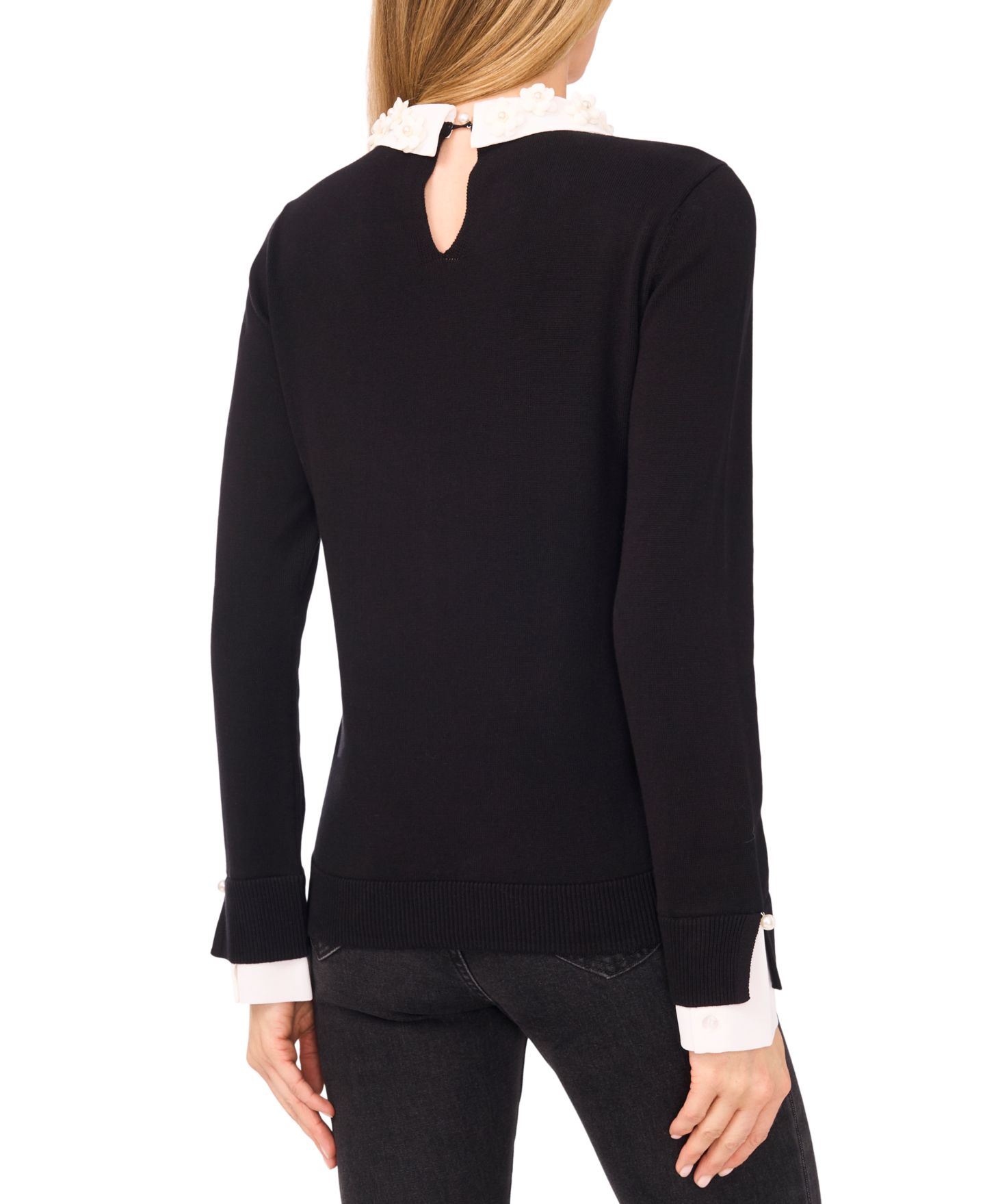 Женский свитер CeCe Long Sleeve Woven Collar Neck Pullover, цвет: Насыщенный чёрный — фото 3