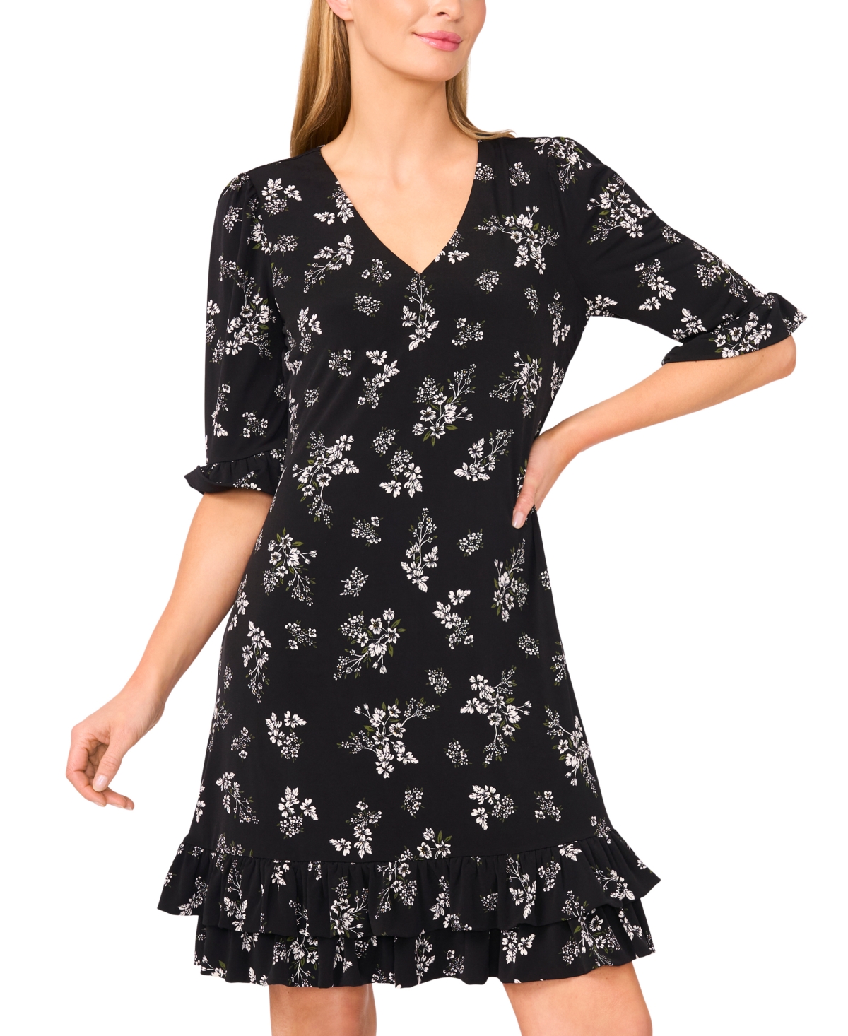 Cece V-neck Tiered Ruffles Shift Dress In Black