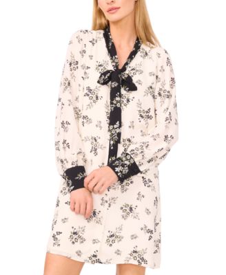 Women's High Tie Neck Long Sleeve Button Down Dress