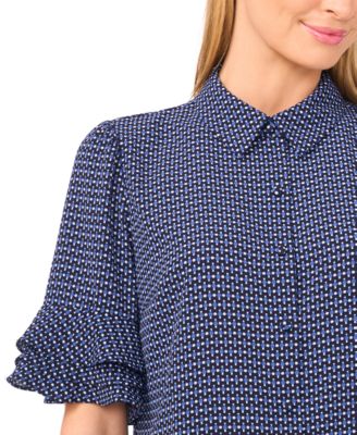 Women's Button Up Collared Elbow Ruffle Sleeve Top