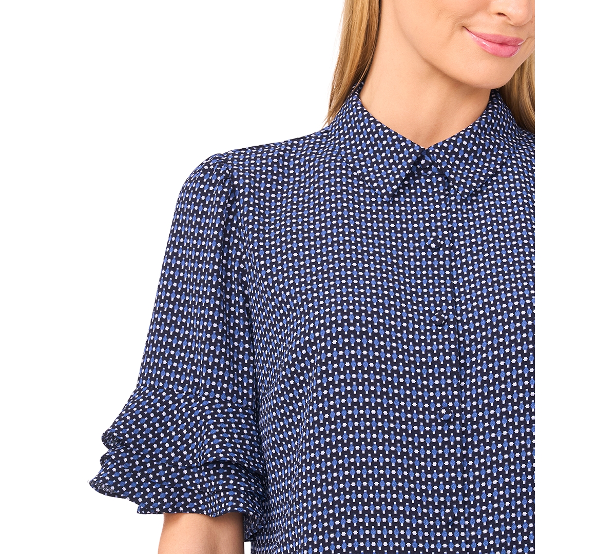 Cece Women's Button Up Collared Elbow Ruffle Sleeve Top In Blue
