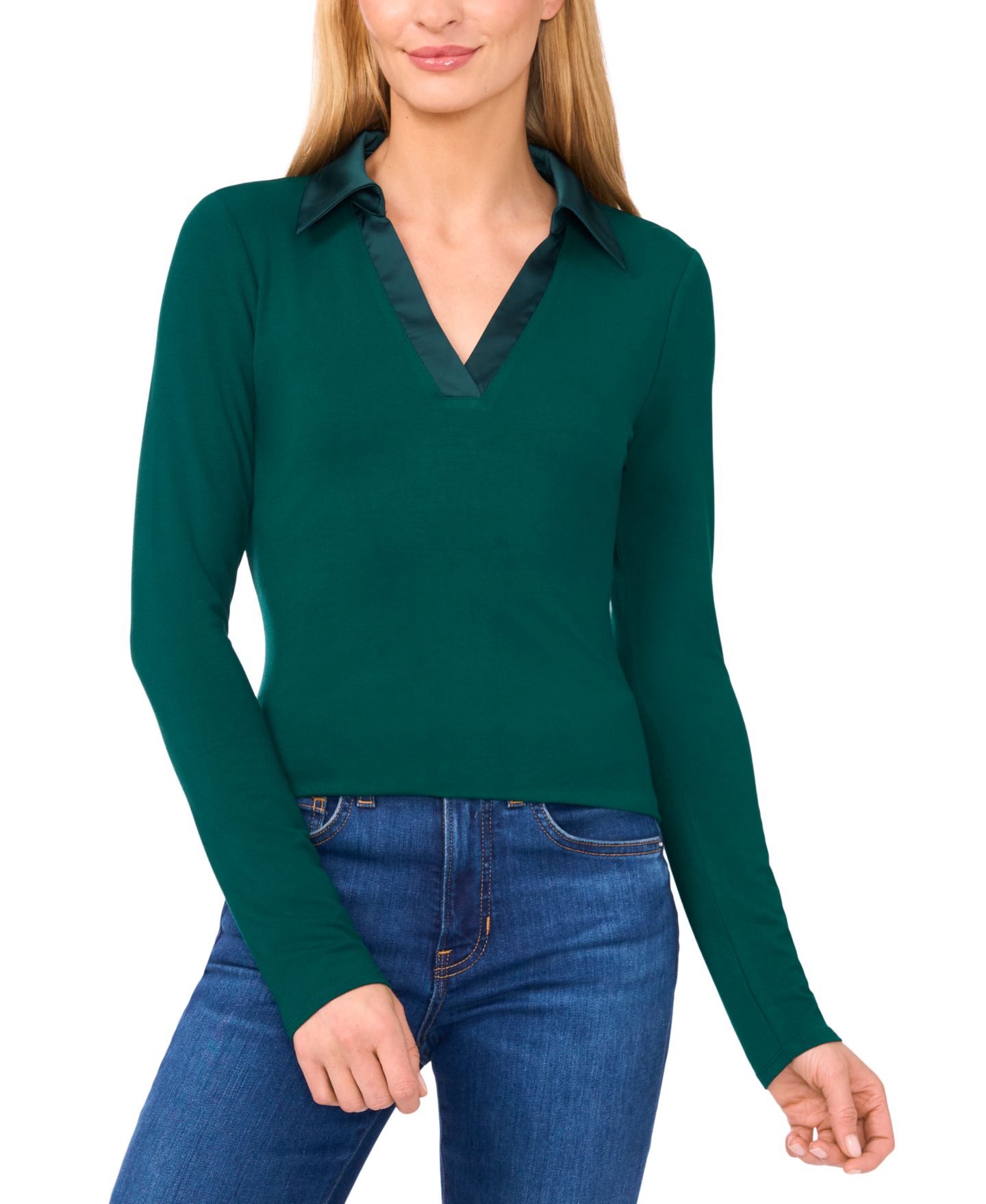 Женский топ CeCe Woven-Collar Knit Long-Sleeve Top, цвет: Тёмный тёмно-зелёный — фото 1