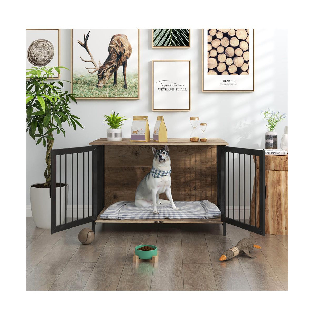 Aostirmotor Wooden Dog Crate Furniture Dog Kennel with 2 Doors for Large Medium Dog