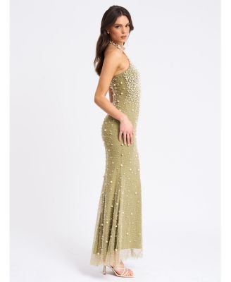 Women's Ginny Pear Green Pearl Embellished Backless Gown