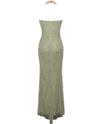 Women's Ginny Pear Green Pearl Embellished Backless Gown