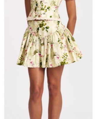 Women Zanelle Green Floral Print Drop Waist Linen Full Skirt