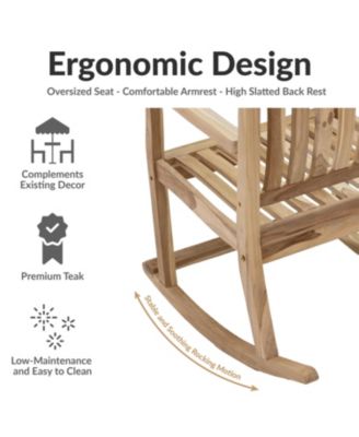 Teak Wood Outdoor Porch Rocking Chair with Slatted Back, 275 lb Capacity, Unfinished