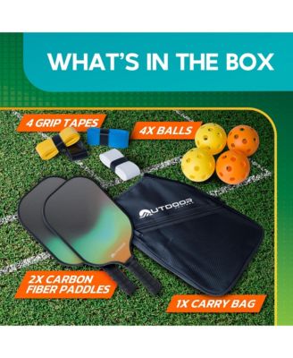 USAPA approved pickleball set with 2 fiberglass paddles, 4 balls, grip tapes & carry bag. Lightweight, durable & shock-absorbing grip