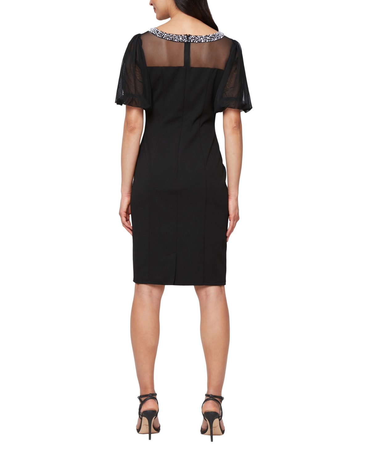 Alex Evenings Embellished Illusion Neck Crepe Sheath Cocktail Dress In Black