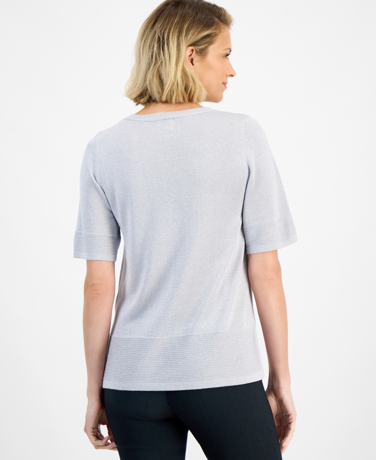 Jm Collection Petite Textured-knit V-neck Short-sleeve Sweater, Exclusively At Macy's In Gray