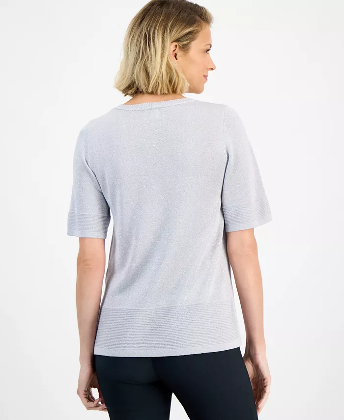 Petite Textured-Knit V-Neck Short-Sleeve Sweater - thumbnail 2