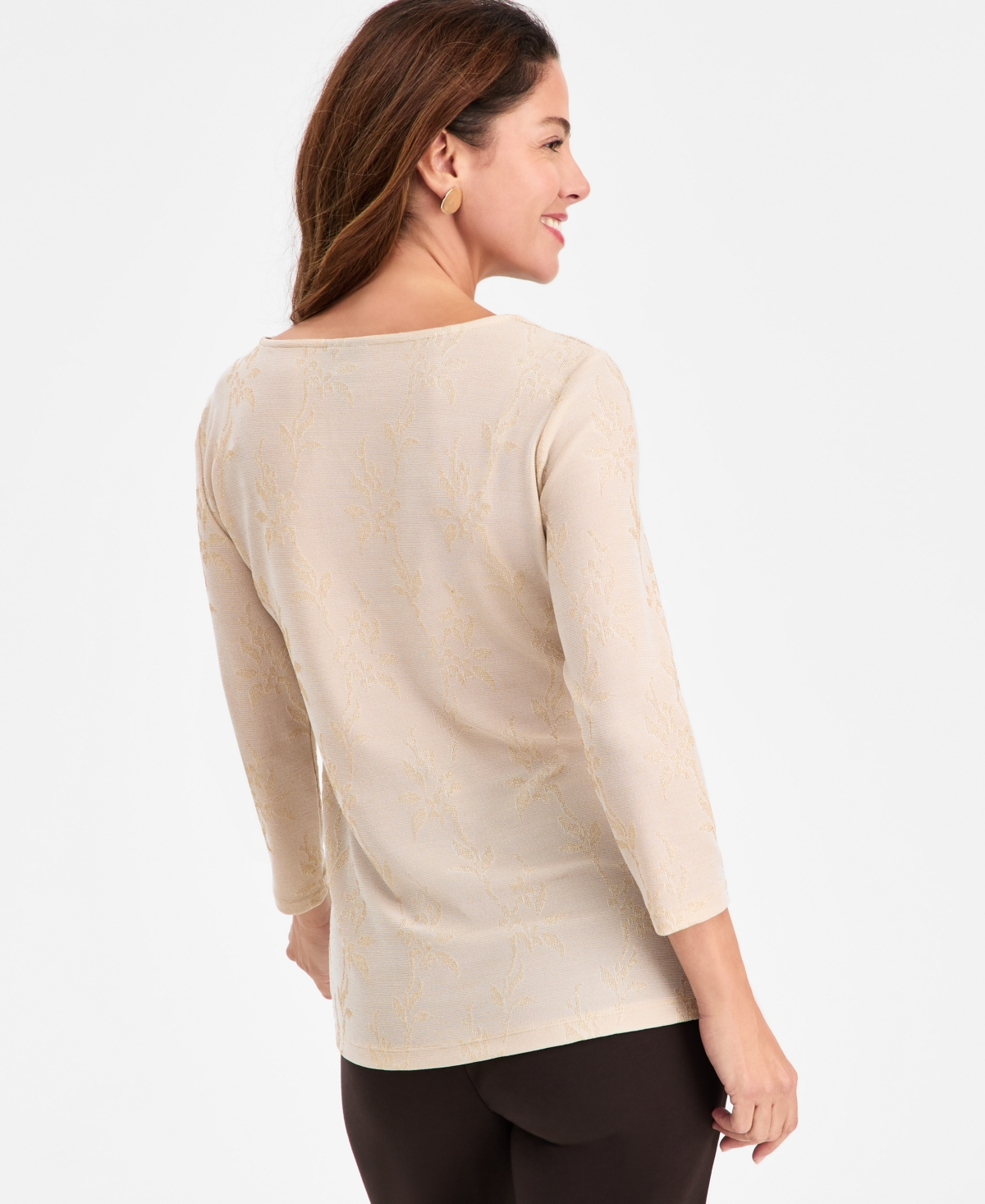 Macy's Jm Collection Petite Leafy-floral Shine Party Jacquard Top,  Exclusive In Neutral