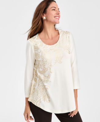 JM Collection - Women's Texture Waves 3/4-Sleeve Top