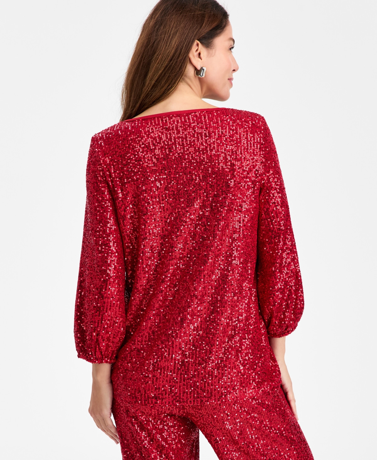 Jm Collection Women's Sequinned 3/4-sleeve Top, Macy's Exclusive In Red