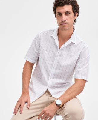 Men's Short Sleeve Poplin Spaced Stripe Button-Front Shirt, Macy's Exclusive