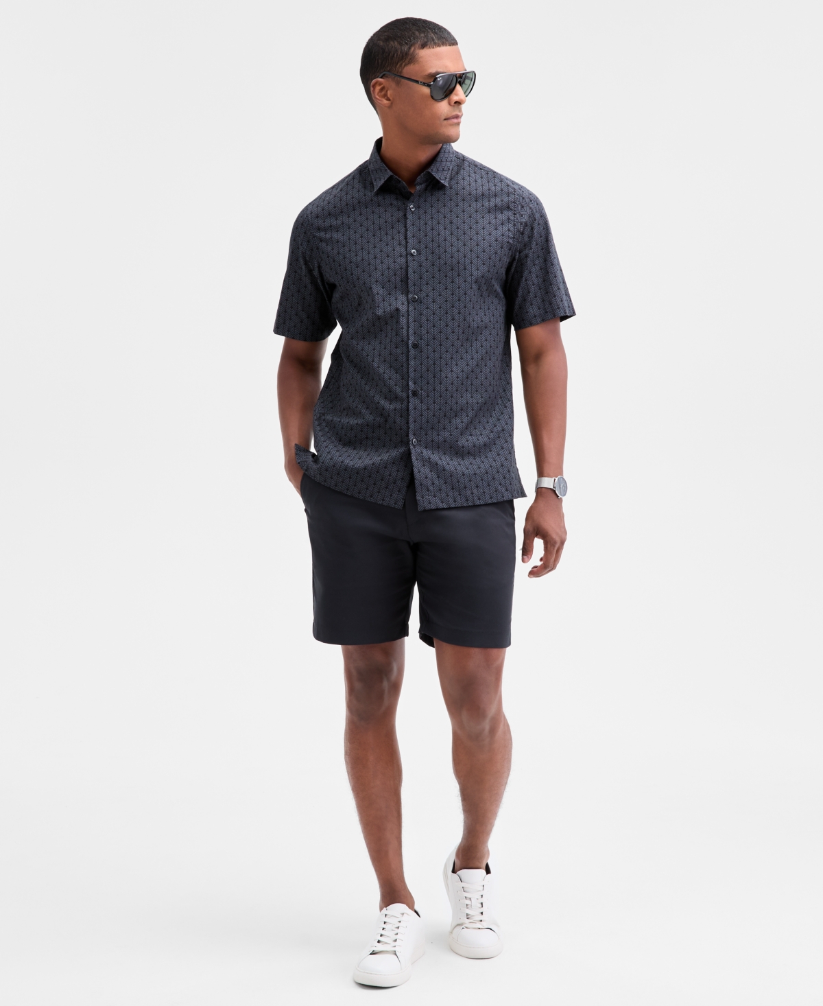 Alfani Men's Finn Short Sleeve Geo Print Button-front Shirt, Macy's Exclusive In Black