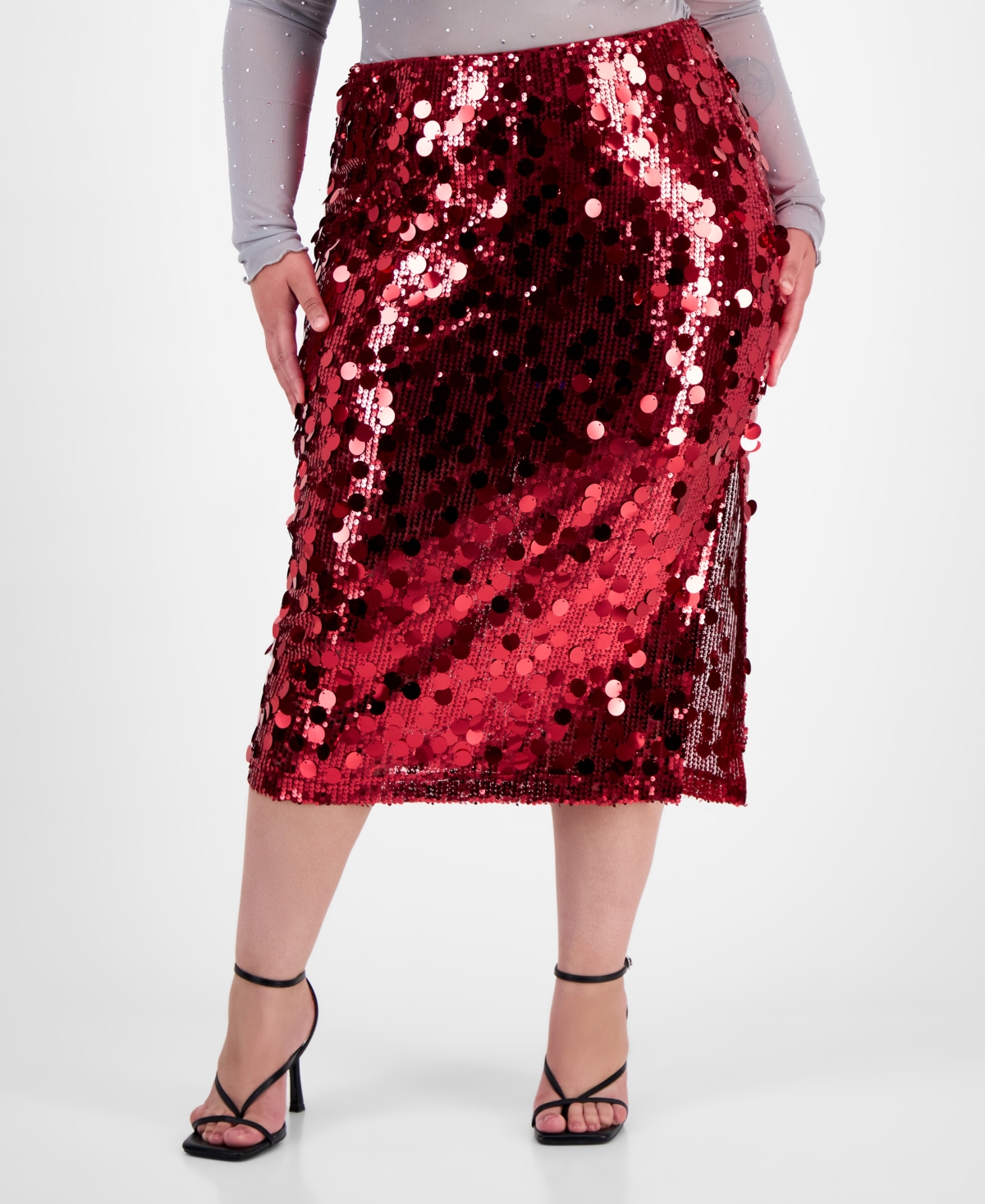 Bar Iii Trendy Plus Sequin Side-slit Midi Skirt In Gray