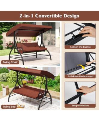 3-Seat Patio Swing w/ Canopy & Removable Cushions & Side Pockets Stand