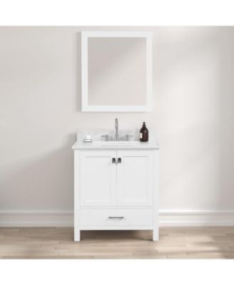 30-Inch Bathroom Vanity Set in Matte White – Solid Wood Freestanding Vanity with Marble Countertop & Ceramic Undermount Sink for Modern Bathrooms
