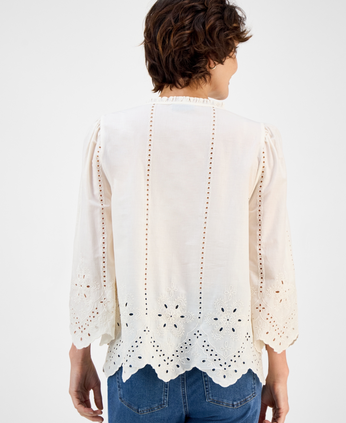 Style & Co Women's Cotton Ruched 3/4-sleeve Eyelet Top, Macy's Exclusive In Green