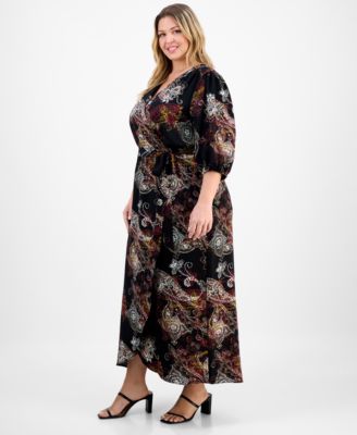Plus Size Woven Long-Sleeve Tie-Waist Dress