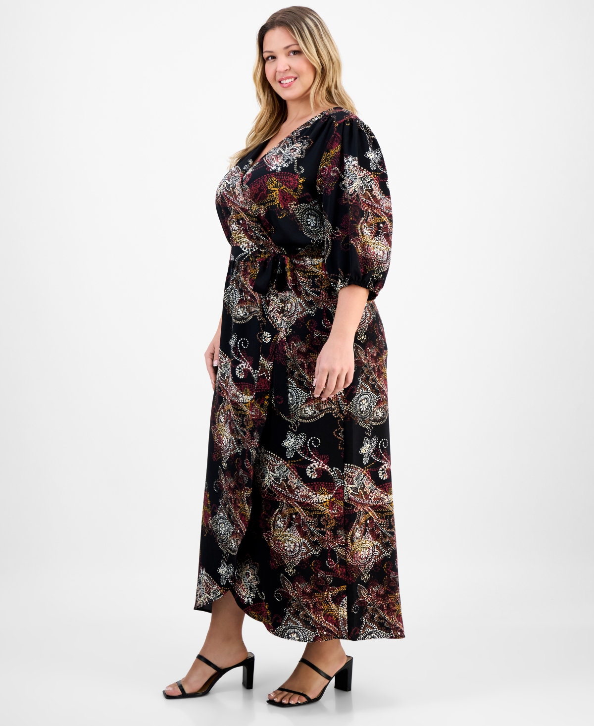 Connected Plus Size Woven Long-sleeve Tie-waist Dress