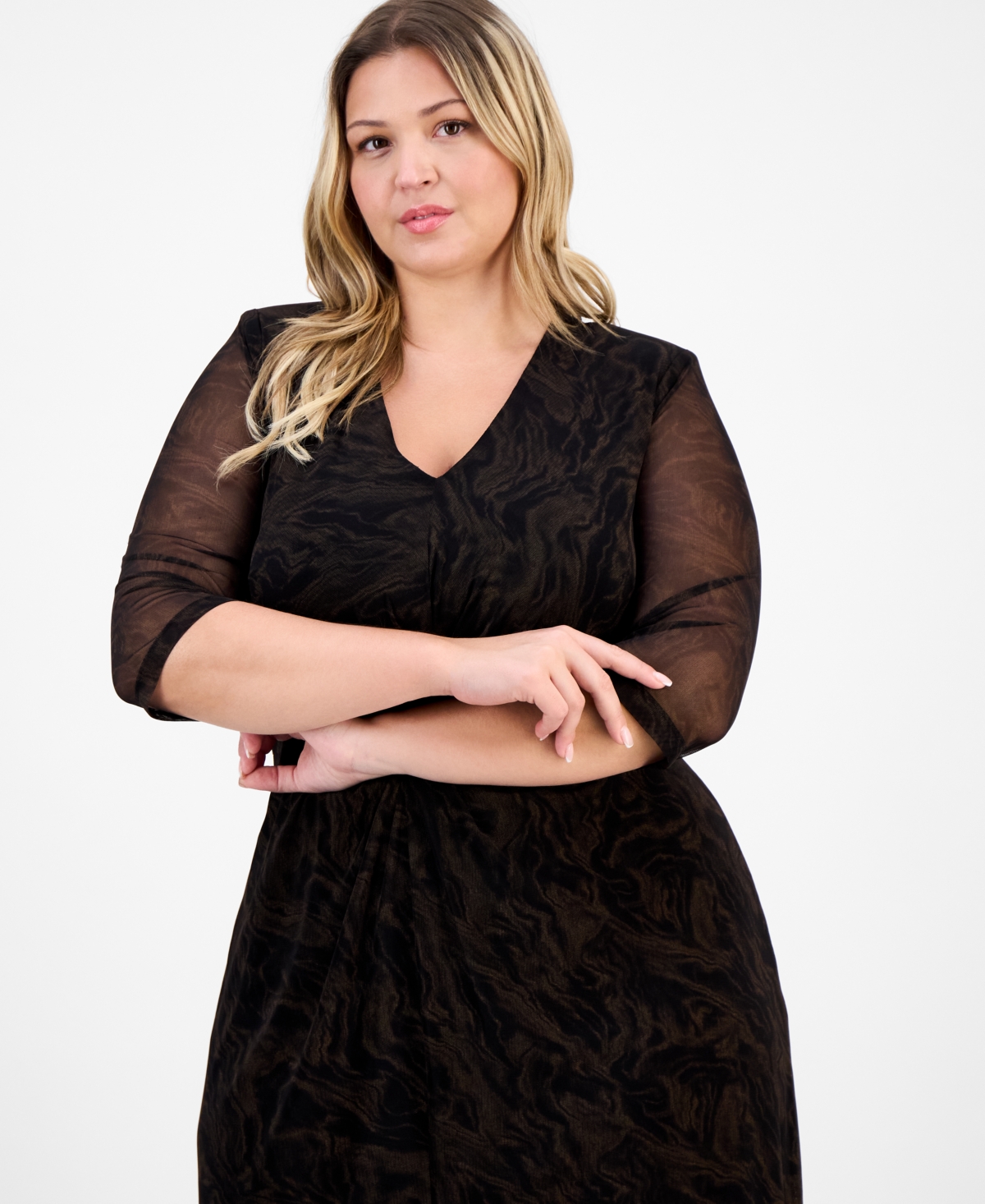 Connected Plus Size V-neck Mesh Elbow-sleeve Dress In Black