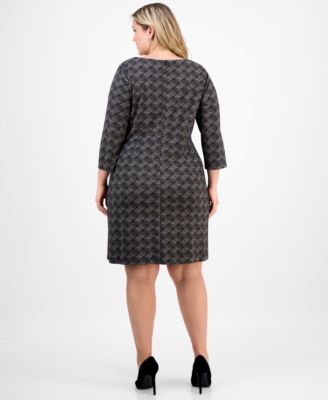 Plus Size Knit Long-Sleeve Tuck-Front Fit & Flare Dress