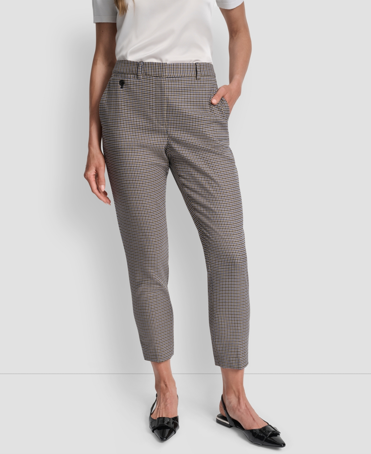 Dkny Petite Houndstooth Ankle Pants In Gray