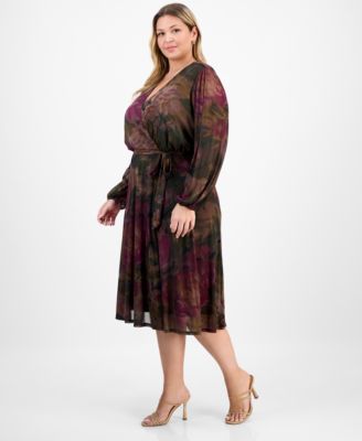 Plus Size Long-Sleeve Printed Mesh A-Line Dress