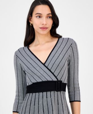Petite Belted Surplice V-Neck Sweater Dress