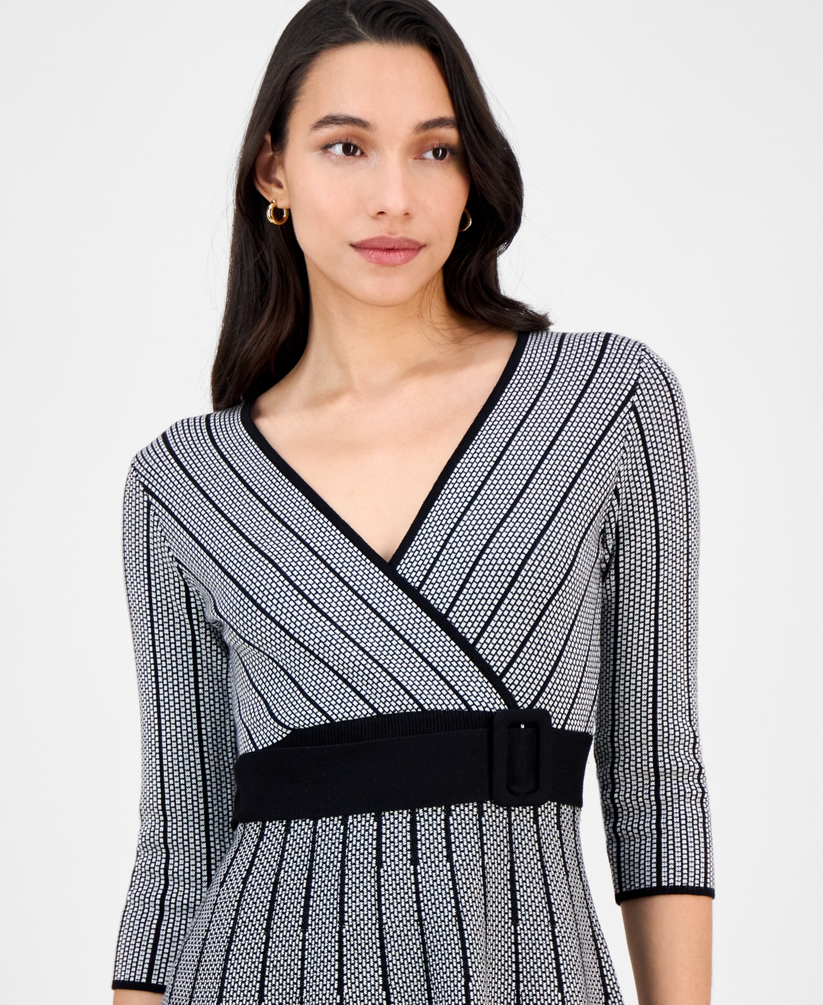 Robbie Bee Petite Belted Surplice V-neck Sweater Dress In Gray