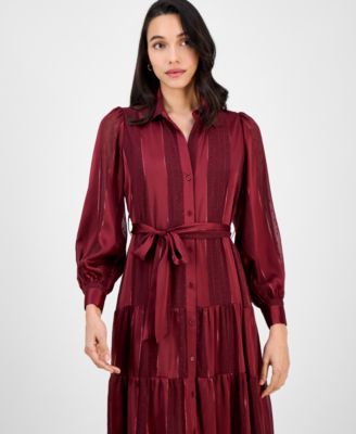 Petite Satin Stripe Tie-Waist Shirtdress