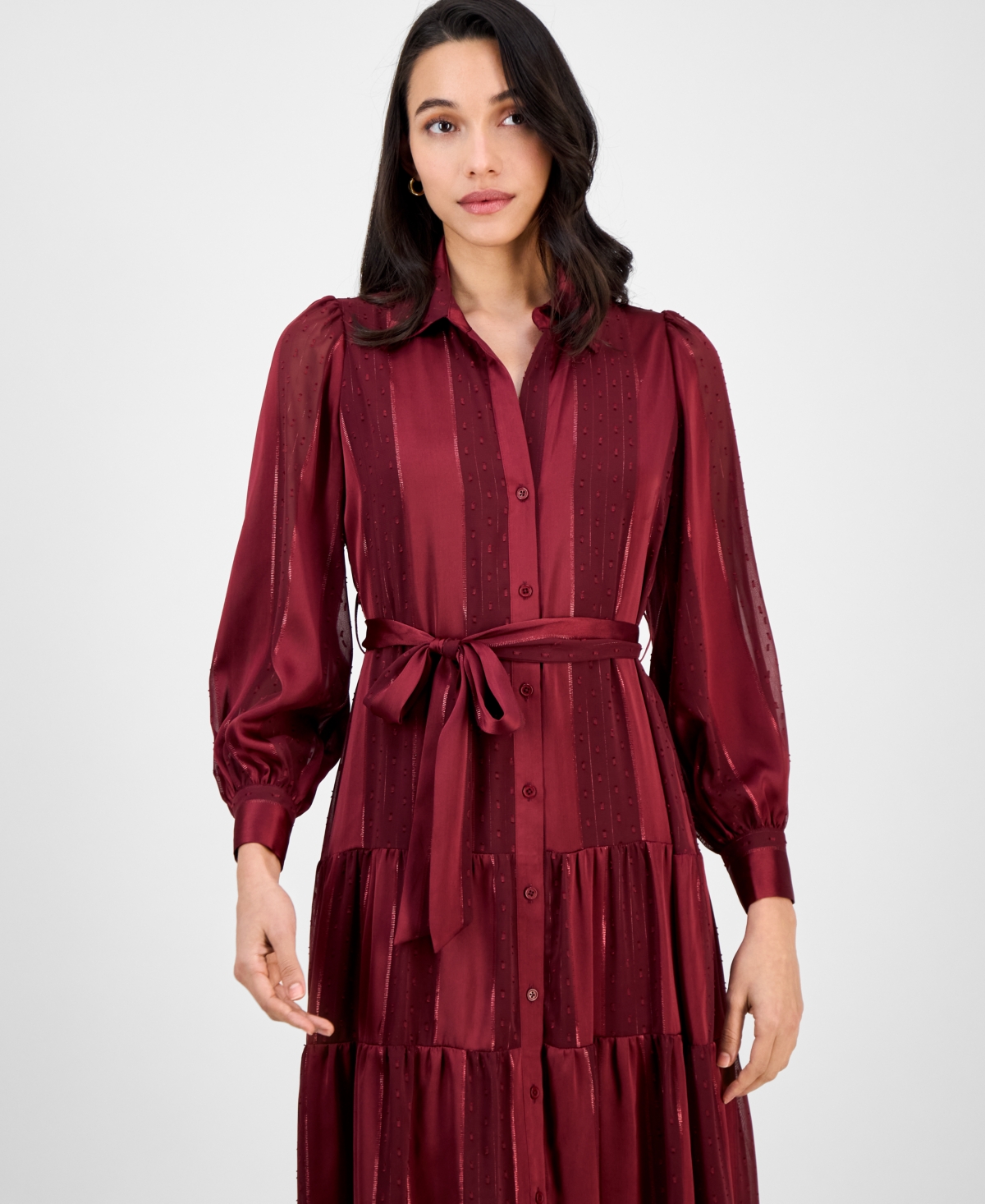 Robbie Bee Petite Satin Stripe Tie-waist Shirtdress In Brown