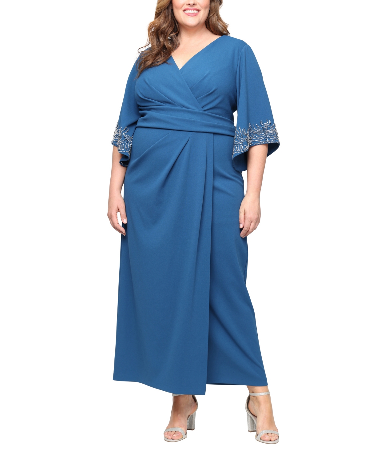 Alex Evenings Plus Long 3/4-Sleeve Stretch Crepe Column A-Line Dress