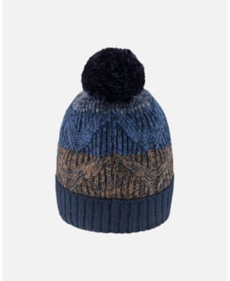 Boy Lined Knit Pompom Hat Taupe and Navy - Toddler|Child