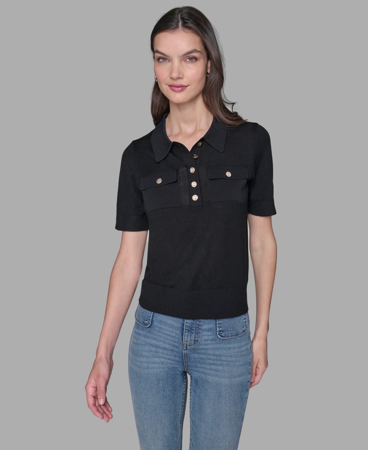 Karl Lagerfeld Women's Short-sleeve Button-front Sweater In Black