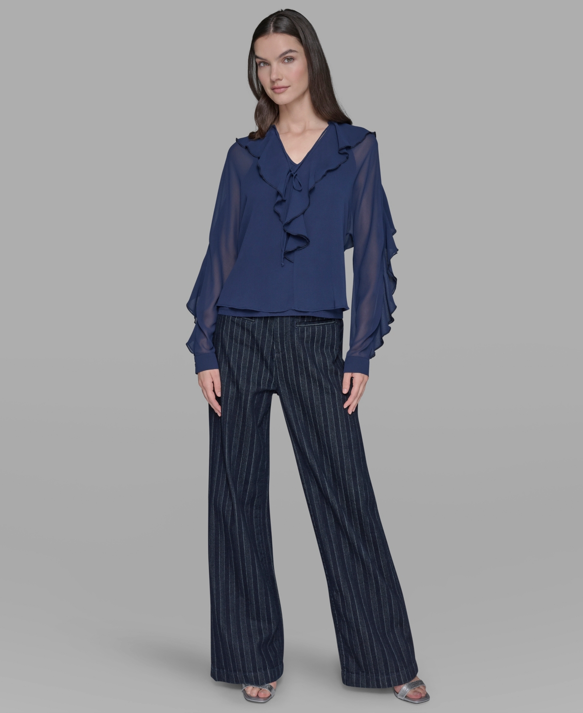 Karl Lagerfeld Loose Ruffle Blouse In Blue