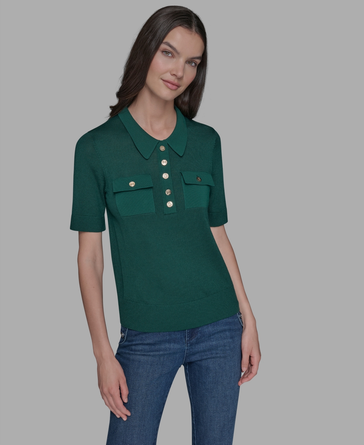 Karl Lagerfeld Women's Short-sleeve Button-front Sweater In Green