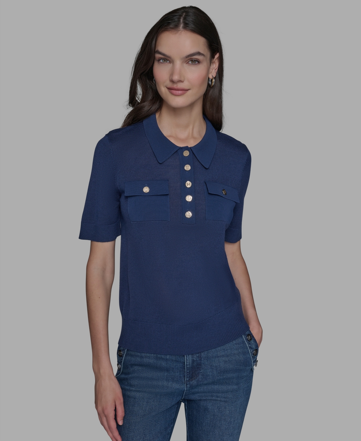 Karl Lagerfeld Women's Short-sleeve Button-front Sweater In Blue