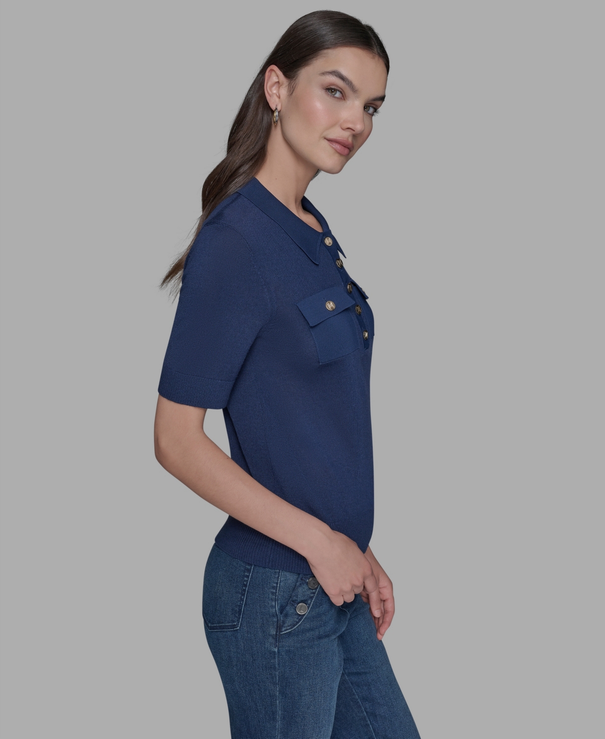 Karl Lagerfeld Women's Short-sleeve Button-front Sweater In Blue