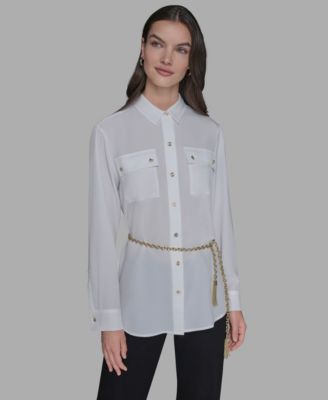 Women's Belted Chest-Pocket Top