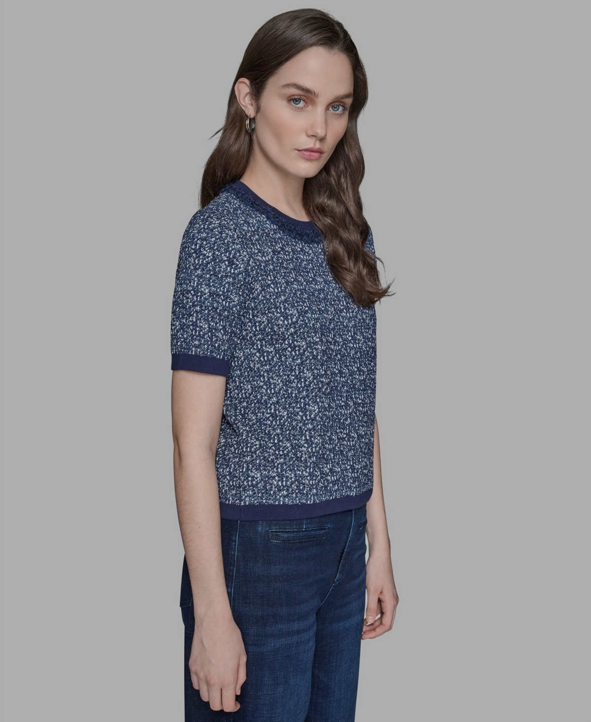Karl Lagerfeld Women's Textured-knit Short-sleeve Sweater In Blue