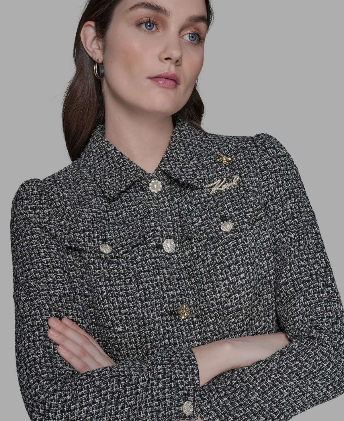 Karl Lagerfeld Women's Tweed Long Sleeve Jacket In Multi