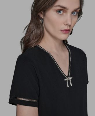 Petite Crystal Bow V-Neck Knit Top