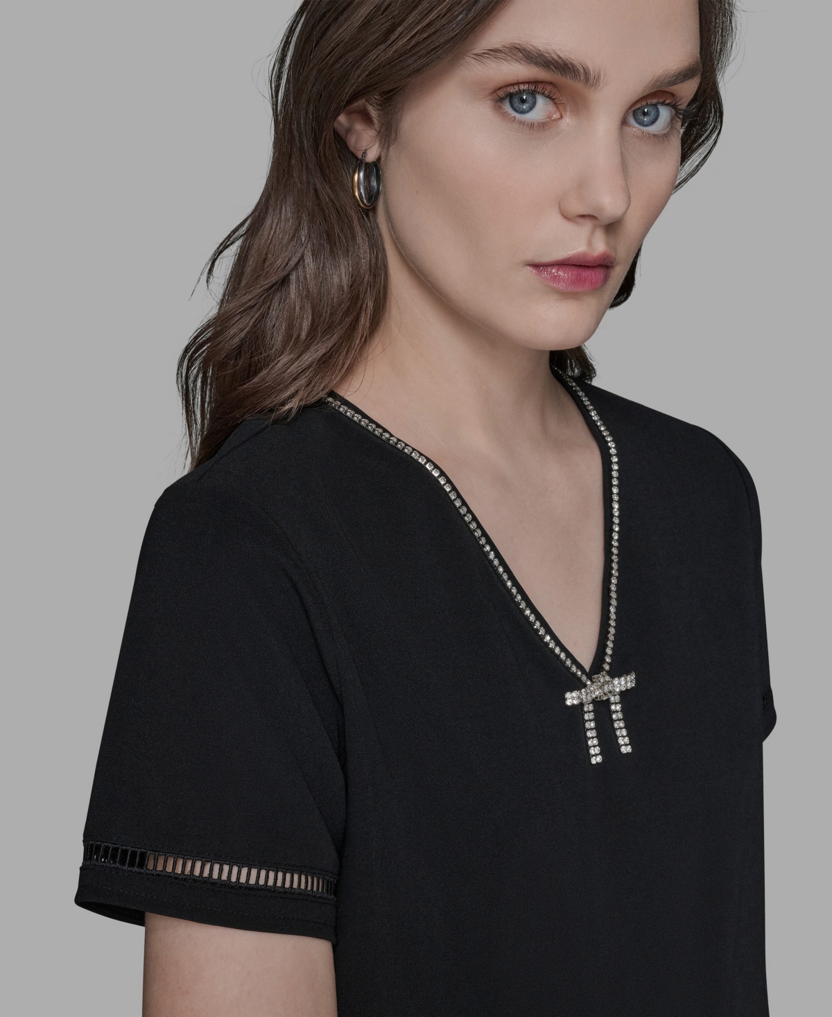 Karl Lagerfeld Women's Sparkle-bow V-neck Knit Top In Black