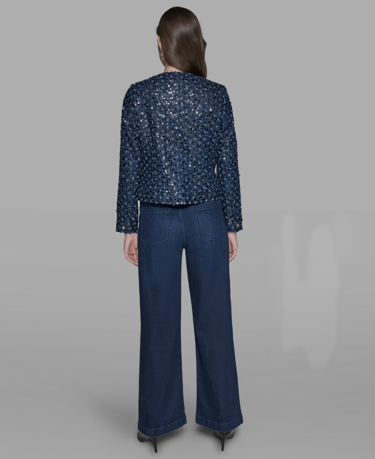 Karl Lagerfeld Collarless Sequin Jacket In Blue
