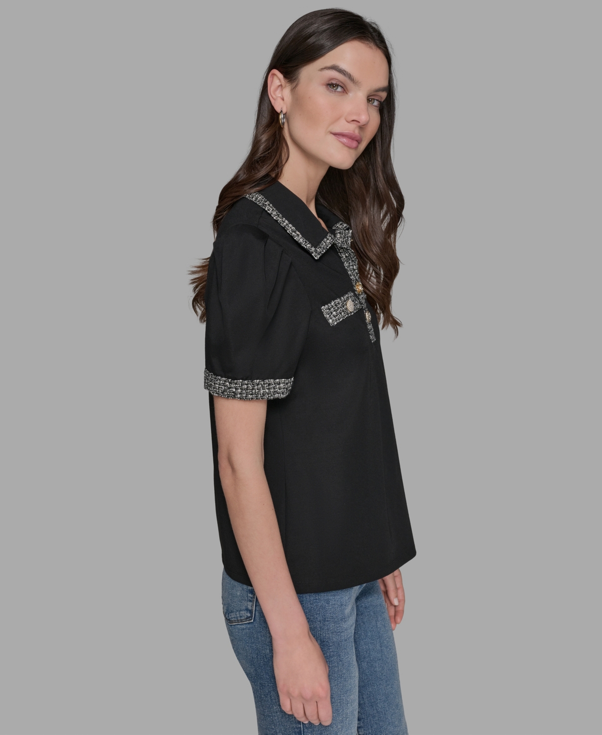 Karl Lagerfeld Karl Lagerfield Paris Plus Size Short Sleeves Tweed Trim Knit Top In Black